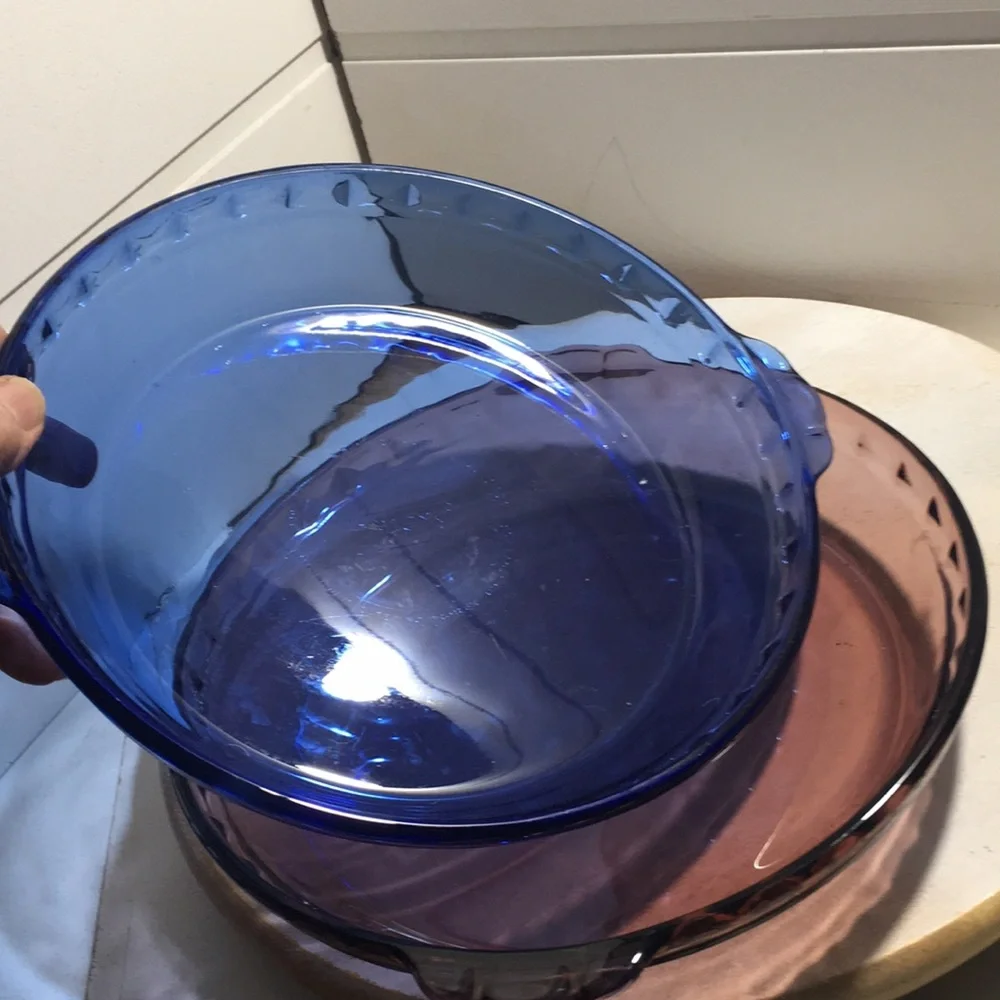 Vintage PYREX cranberry & blue Glass Pie Dish 9.5 crimping top set 2